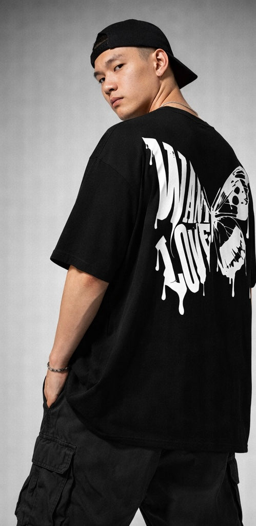 Typography print on black oversized t-shirt